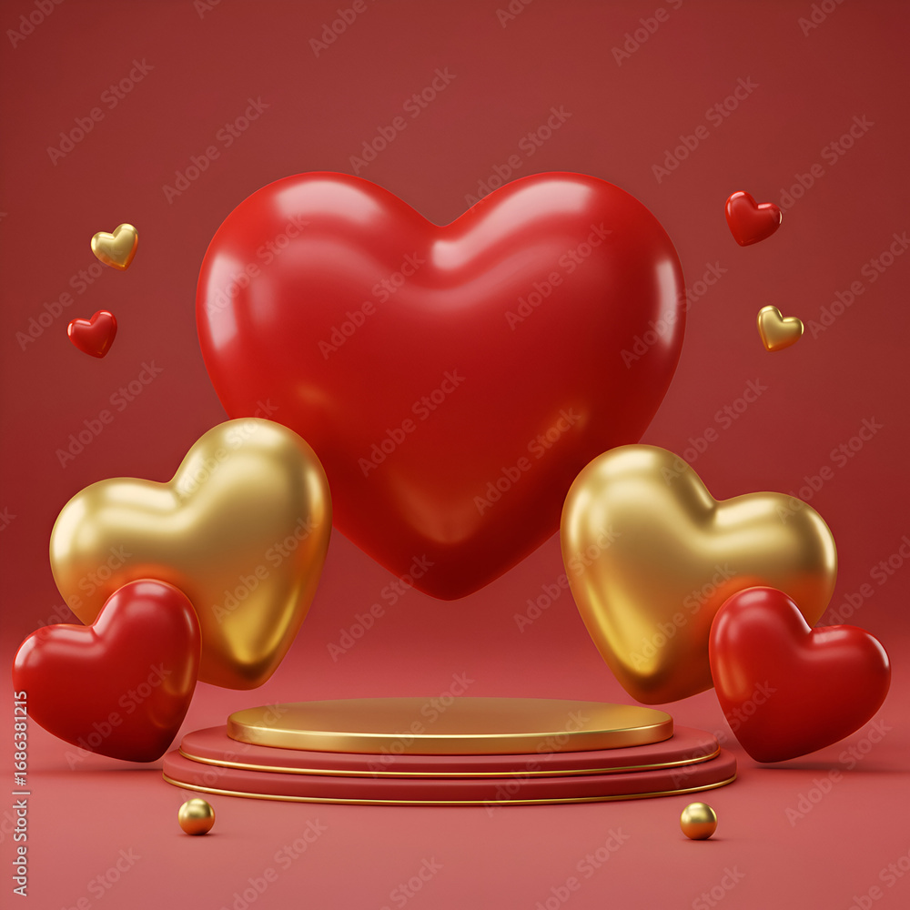 Poster red and gold heart-shaped objects in a 3d rendering, showcasing a circular podium, on a reddish-pink