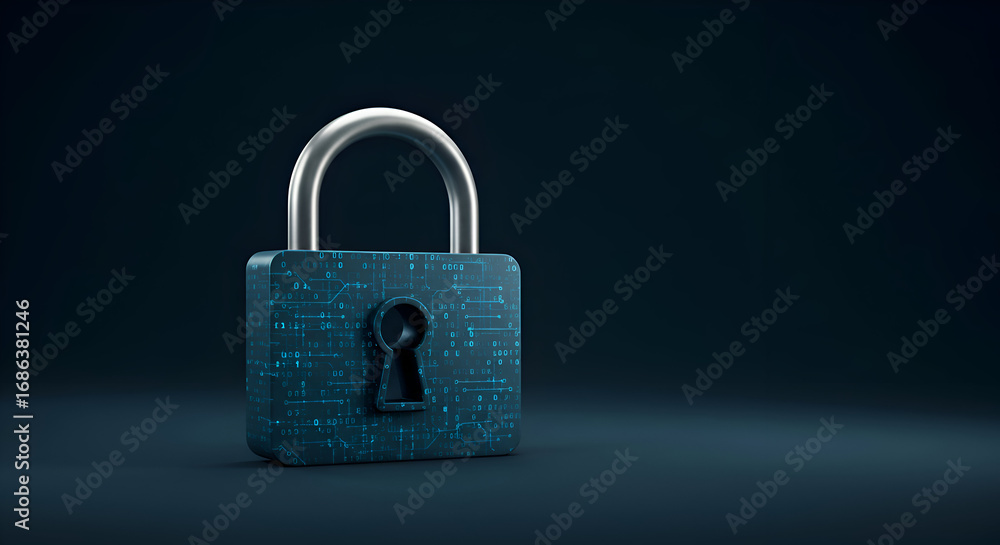 Fototapete 3d digital padlock with binary code overlay, standing on a dark surface. modern security technology 