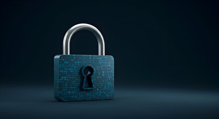 Fototapeta premium 3D digital padlock with binary code overlay, standing on a dark surface. Modern security technology image for commercial use.