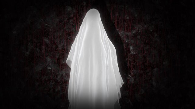 Ghost Animation on Dark Horror Background. Spooky One Phantom Figure with Eerie Blood Atmosphere. Concept of Halloween, Horror, Paranormal, Supernatural and Mystery Theme in Looping Mysterious Wall 4k