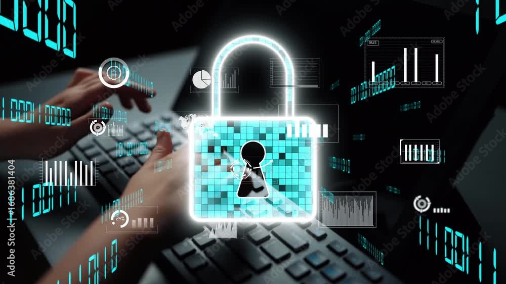 Poster a visual representation of cyber security featuring a digital lock and various data charts. hands ty