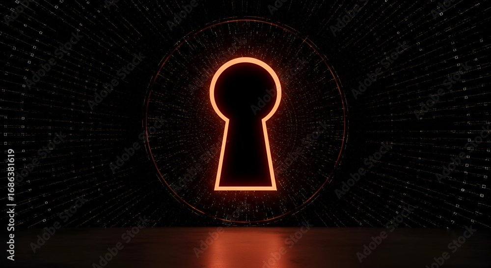 Aufkleber abstract keyhole graphic with glowing orange outline in dark background. illuminated keyhole symbol 