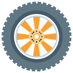 Obraz premium Modern vehicle tire with orange wheel spokes and gray tread flat design illustration