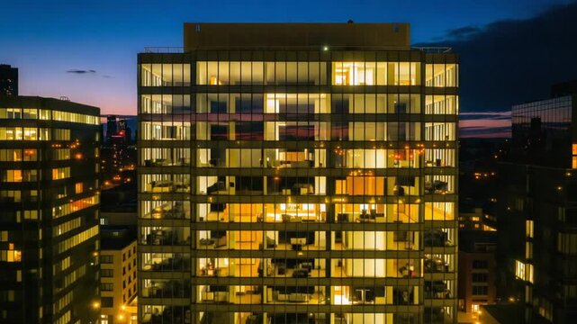 Illuminated office building at night showcasing urban workspace and late-night business operations for corporate promotion and architectural visualization