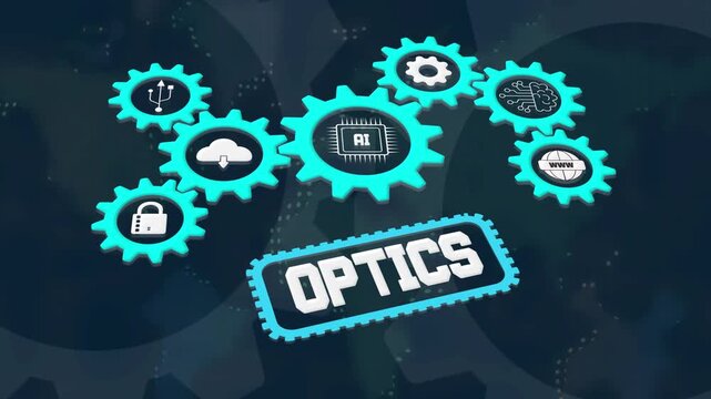 Optics technology with lens light reflection laser vision fiber optics and futuristic digital innovation concept