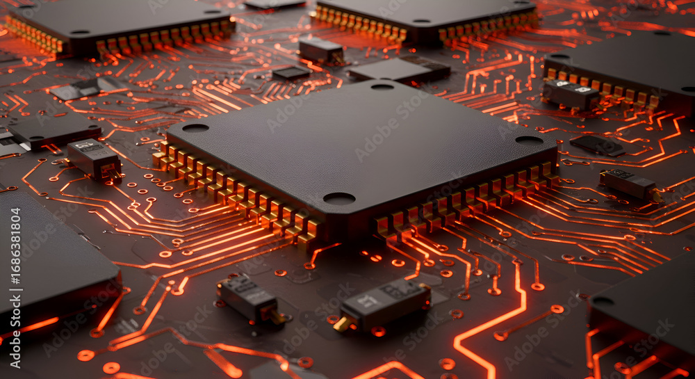 Aufkleber a detailed close-up view of computer components, emphasizing the illuminated circuit board and intri