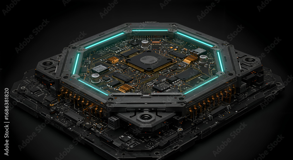 Aufkleber advanced circuit board with futuristic design in a dark, technological setting. displaying intricate