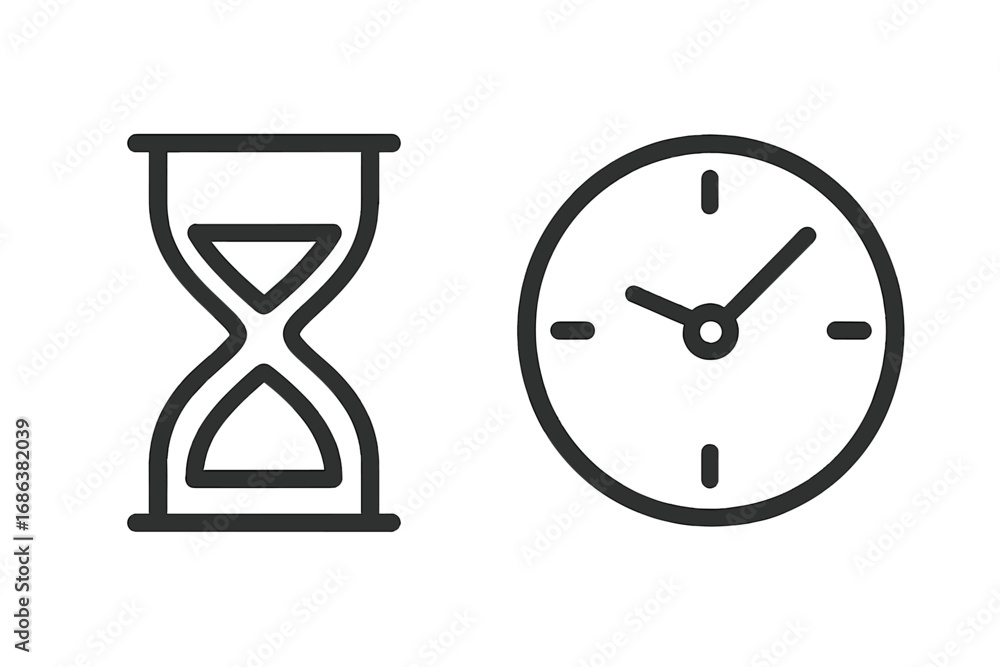 Poster minimalistic hourglass and clock vector icons. time management pictograms for web design, mobile app