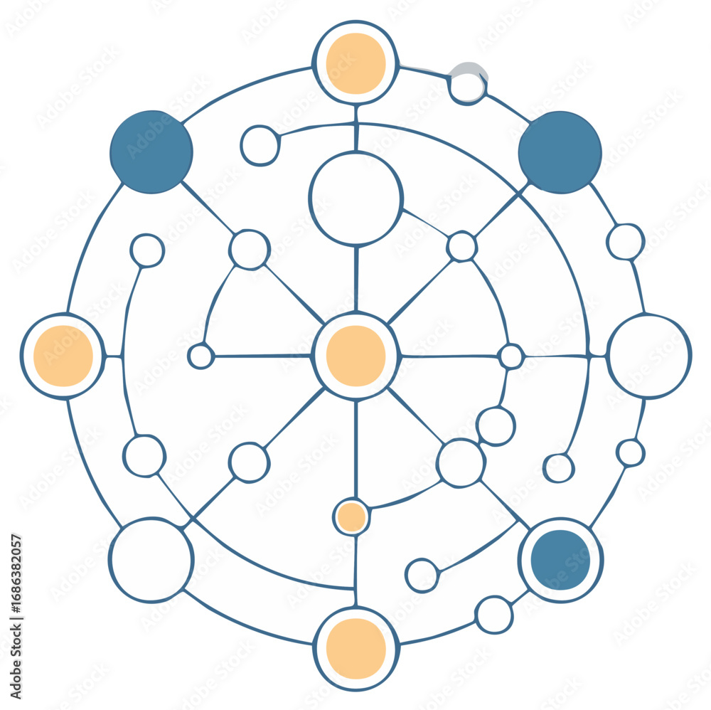 Poster abstract illustration of network structure with connecting dots, circles, and lines.