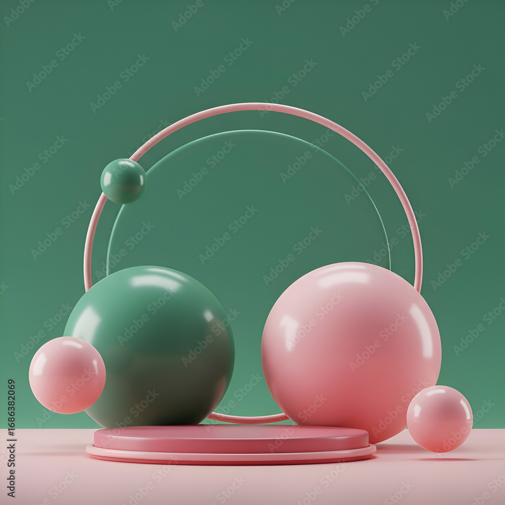 Poster pastel sphere display with rings on a muted green background. abstract geometric shapes arranged on 