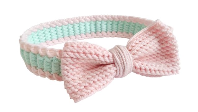 Beautiful handcrafted knitted baby headband with a decorative bow design in pink and green colors suitable for newborns and babies,isolated on transparent background.