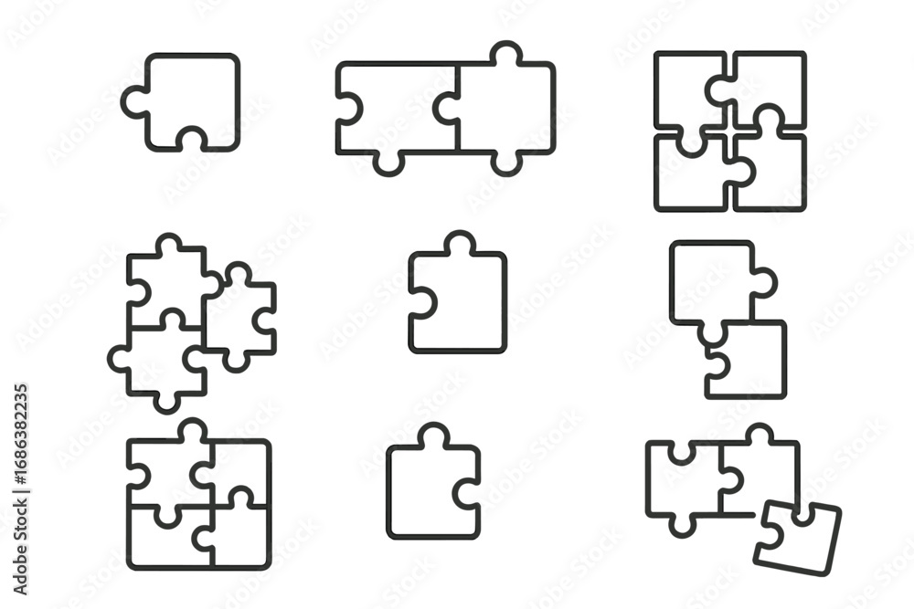 Aufkleber Puzzle outline icon set. Jigsaw connection concept. Teamwork and strategy metaphor. Assembling pieces for a solution. Business integration, partnership, and problem-solving.