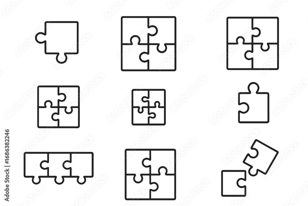 Aufkleber puzzle outline icon collection. jigsaw line art set. metaphor for problem-solving, business strategy