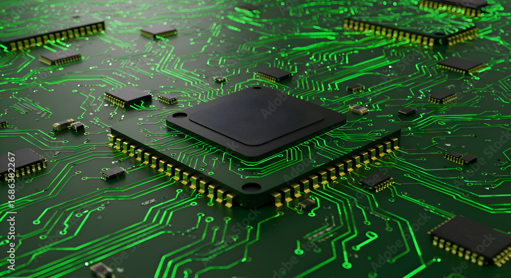 Aufkleber close-up view of a circuit board with illuminated green pathways, showcasing intricate components an