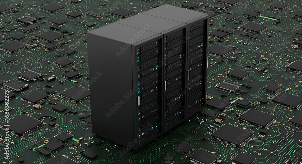 Aufkleber modern server rack units on a complex circuit board. server rack with circuit board background. it p