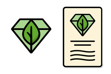 Green diamond leaf logo. Eco-friendly value icon. Sustainability certificate concept. Natural, organic quality symbol. Environmental certification document. Vector for ethical guarantee.