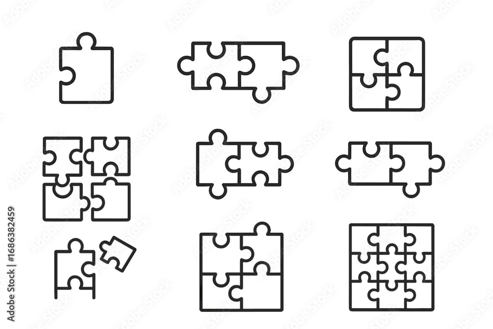 Poster puzzle and jigsaw line icon set. concepts of connection, teamwork, solution, and strategy. vector il