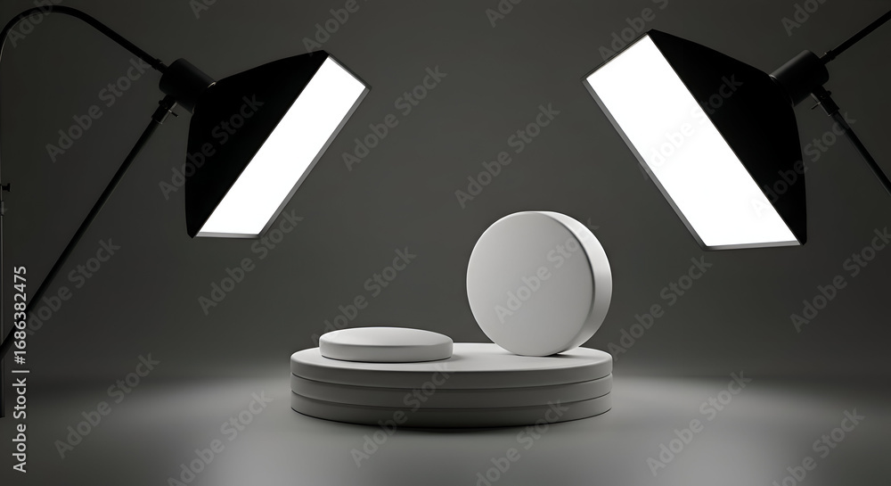 Poster empty white display podium with studio lighting in a dark gray studio. modern, minimalist display fo