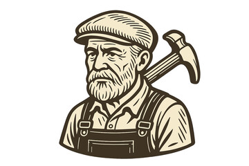 Old man worker logo. Vintage line art of a craftsman or handyman with a hammer. Retro cartoon illustration mascot for a carpentry, repair, or construction business emblem.