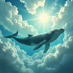 Fototapeta premium Enormous whale drifting calmly in surreal sky ocean of clouds