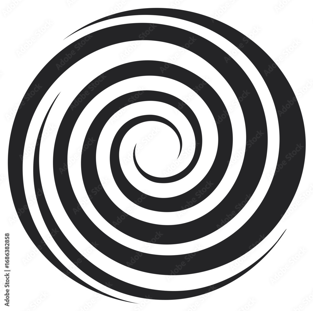 Poster circular swirl design with thick black lines creating a hypnotic visual pattern with spiral effect