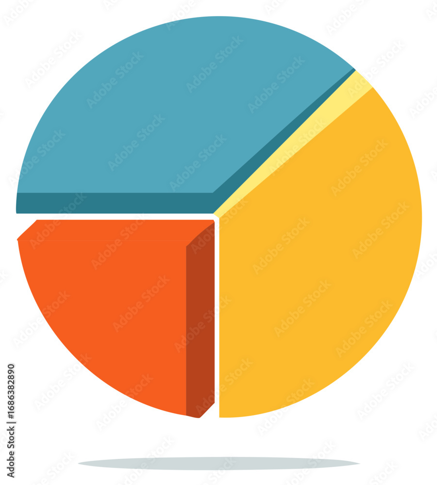 Poster colorful 3d pie chart with three segments representing data and analysis