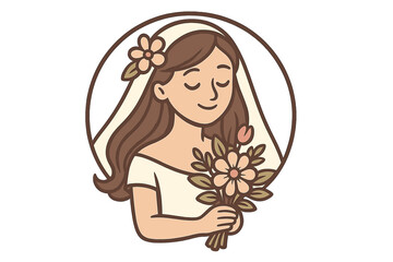 Beautiful bride character vector illustration. Happy young woman in wedding dress with veil holding a flower bouquet. Bridal ceremony logo icon. Marriage and love concept art.