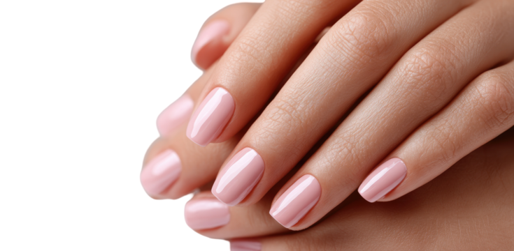 Close-up of manicured hands with light pink nails.  Smooth, polished nails in a light, soft pink shade.  Soft, light-skinned hands, showcasing well-maintained, manicured nails