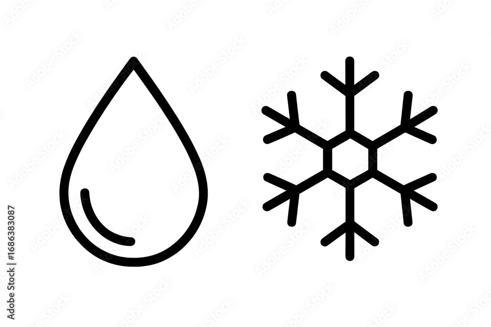 Poster water drop and snowflake outline icon set for graphic and web design, weather app ui, climate contro