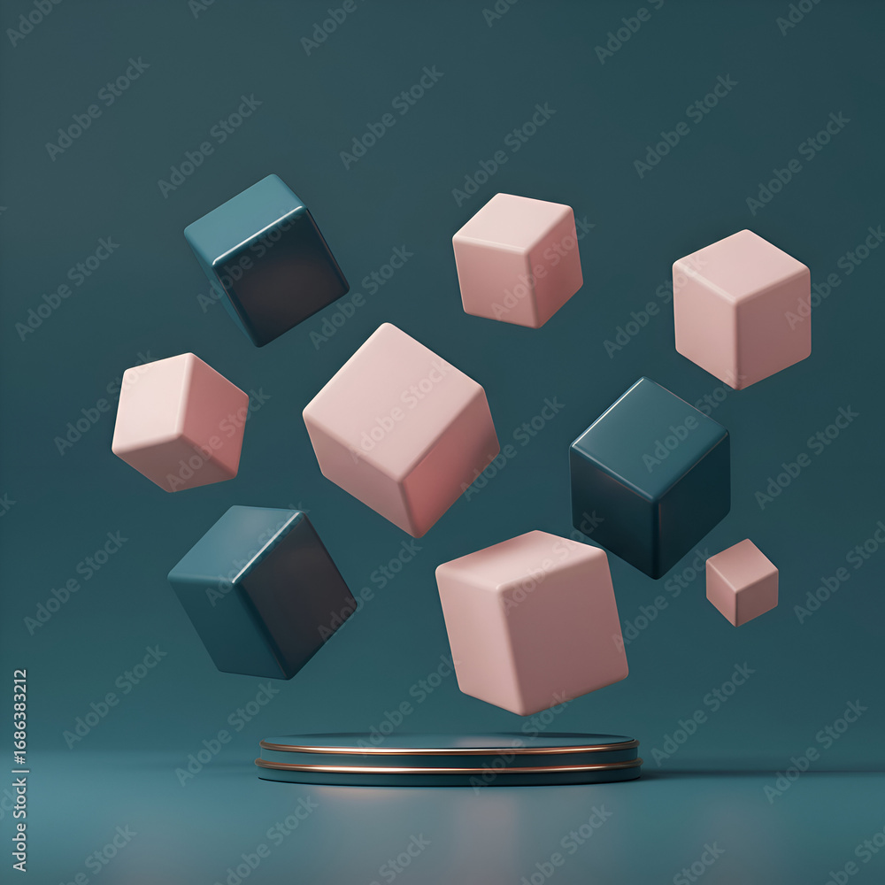 Poster geometric display of teal and rose-colored cubes on a dark teal pedestal. floating cubes in a minima