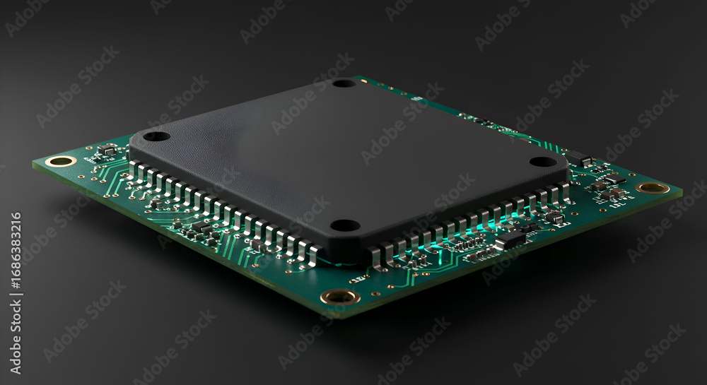 Poster computer circuit board with a dark gray processor chip, displayed in a studio setting. the board is 