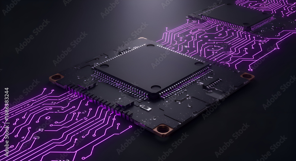 Aufkleber modern circuit board with glowing purple traces in dark background. advanced electronic component wi