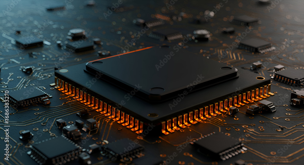 Fototapete Advanced computer circuit board with illuminated processor chip. Detailed close-up view of intricate circuit pathways.