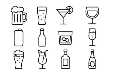 Alcohol drinks and beverages icon set. Line art vector illustration for bar menu, party or celebration. Includes beer, wine, cocktail, whiskey, champagne and liquor icons.