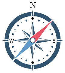 Classic compass with blue and red needle pointing north east direction