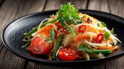 Exotic asian papaya salad with tomatoes, carrots and hot chili peppers