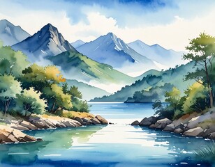 Watercolor landscape of mountains and a lake