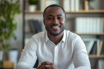 Portrait of a smiling confident man businessman sitting at his office desk, conducting a video call, and engaging in business training or consultation with clients and colleagues, Generative AI