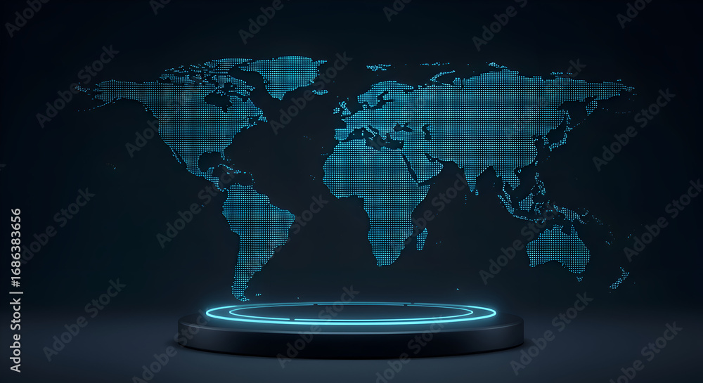 Aufkleber global world map displayed on a dark pedestal with glowing light. abstract world map with illuminate
