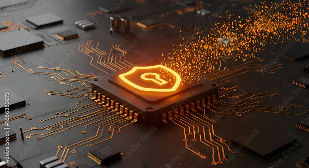 Aufkleber technical circuit board with glowing security icon. illuminated security symbol on processor chip wi