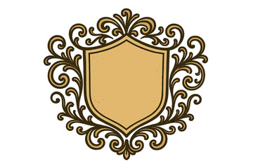 Vintage badge with ornamental flourishes. Elegant retro shield for logo, crest or emblem design. Classic decorative filigree frame. Heraldic vector insignia with swirls.