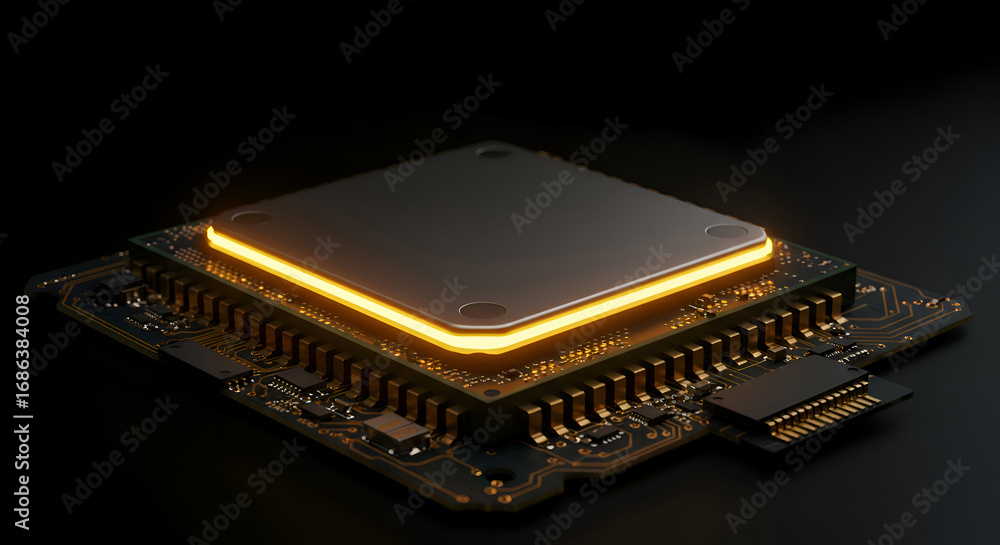 Poster high-tech computer processor chip with glowing edge on a circuit board. detailed close-up of a moder