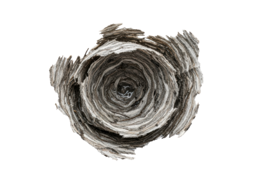 A wet, decayed wasp's paper nest fragment, rough, disintegrating, mottled grey-brown, isolated against a solid transparent background with shadowless studio lighting. Concept of natural decay and