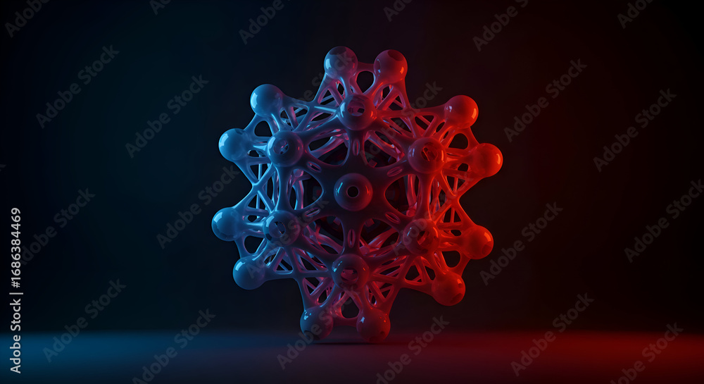 Aufkleber Abstract geometric molecular structure with vibrant blue and red lighting in a dark studio setting. Complex interconnected network design with highlighted sphere connections.