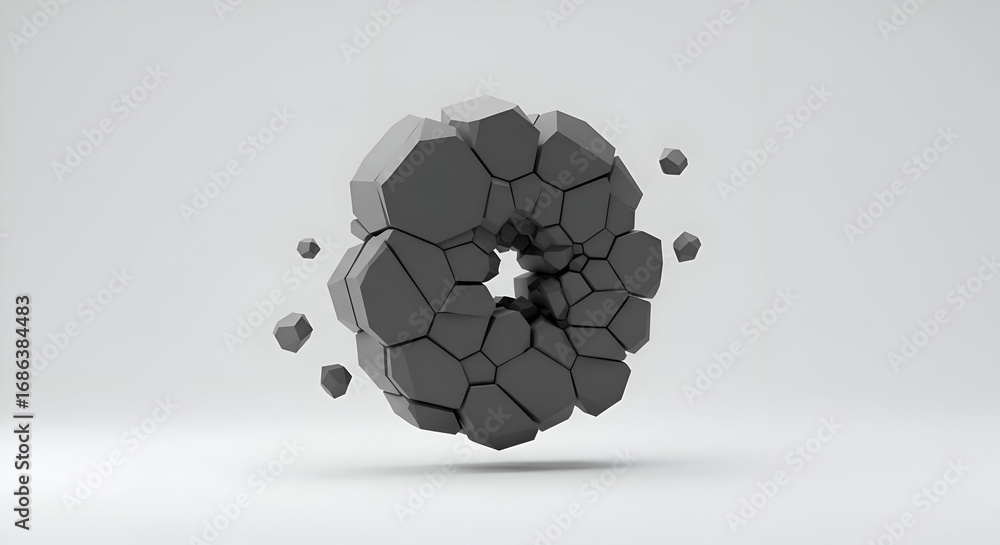 Poster abstract geometric shape with fragmented design in a clean, minimalist setting. floating, shattered 