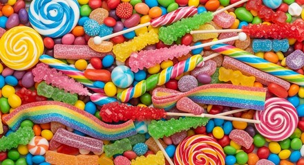Colorful Assortment of Candy: Lollipops, Gummies, and Jelly Beans | Sweet Treat Confectionery Background for Party Invitations, Dessert Shop Marketing, and Childhood Memories