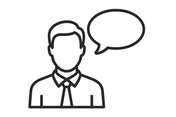 Faceless man with speech bubble vector line icon. Business person avatar for communication, message, talking, opinion, feedback, support, interview, and announcement concept.
