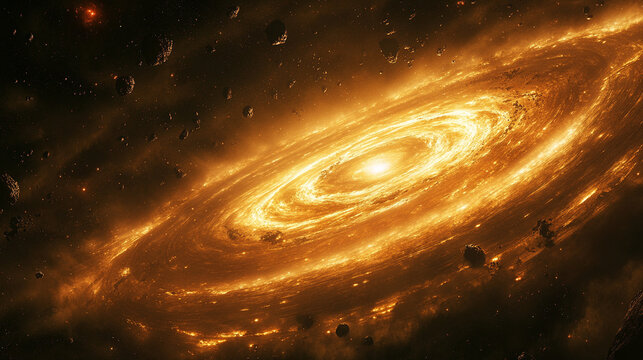 Dramatic cosmic scene of a spinning black hole surrounded by a fiery ring and scattered asteroid field. Intense space phenomenon with vivid colors and deep galactic atmosphere.