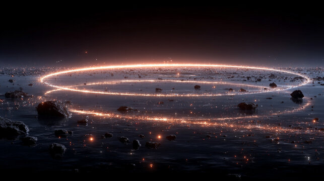 Dramatic cosmic scene of a spinning black hole surrounded by a fiery ring and scattered asteroid field. Intense space phenomenon with vivid colors and deep galactic atmosphere.