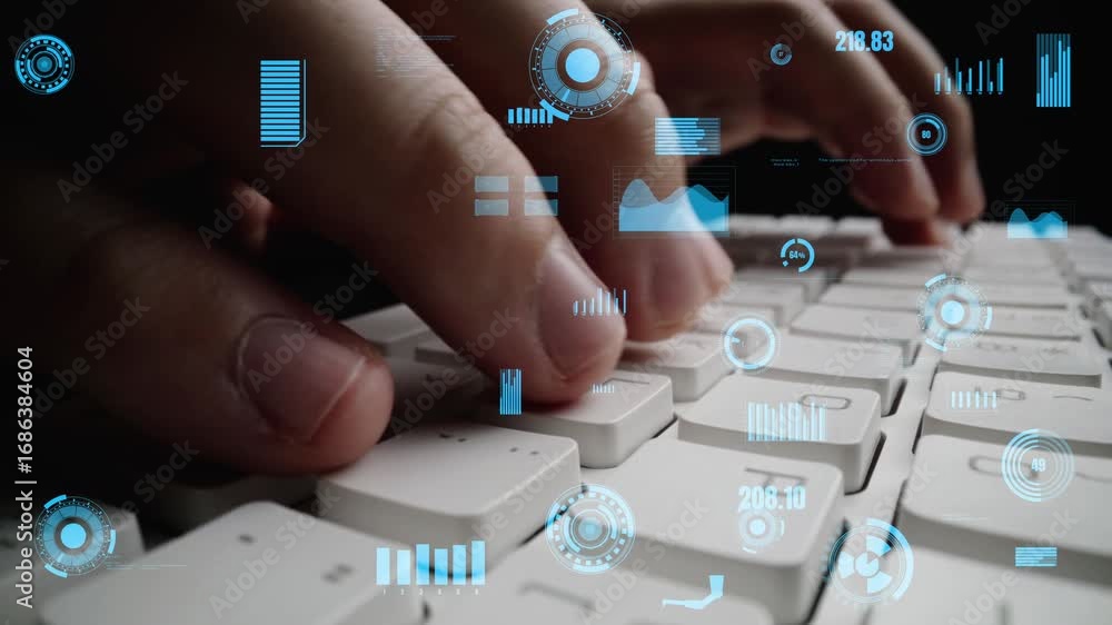 Aufkleber a close-up view of hands typing on a keyboard, surrounded by digital interface elements that symboli